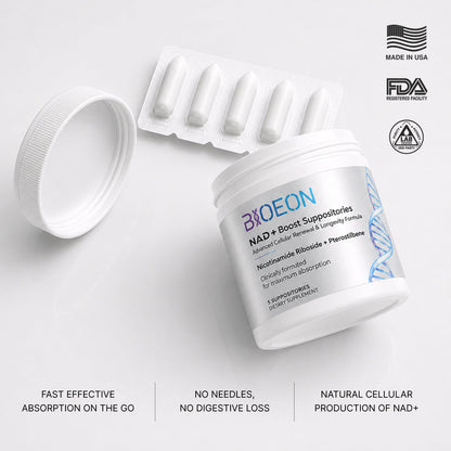 BioEon NAD+ Boost Suppositories jar with the lid off, beside a blister strip of five white suppositories. Badges read Made in USA, FDA registered facility, and third-party lab tested for purity and potency.