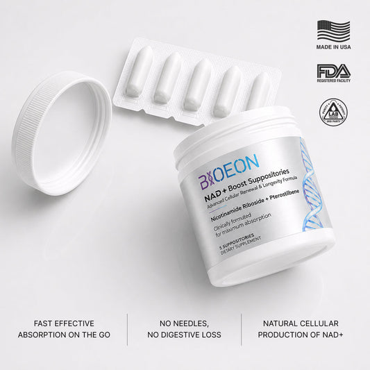BioEon NAD+ Boost Suppositories jar with the lid off, beside a blister strip of five white suppositories. Badges read Made in USA, FDA registered facility, and third-party lab tested for purity and potency.