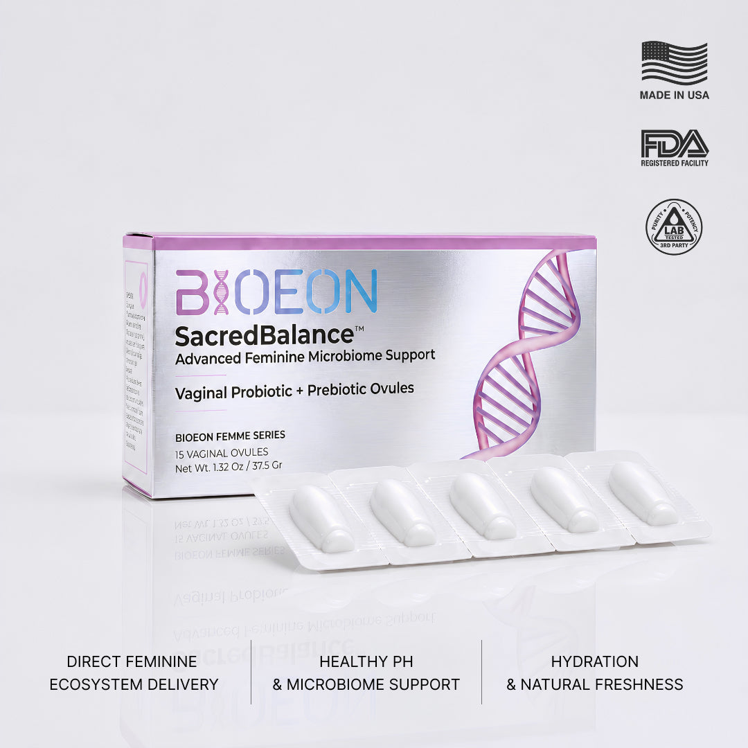 BioEon SacredBalance 15-ovule carton beside a blister strip of white vaginal ovules.