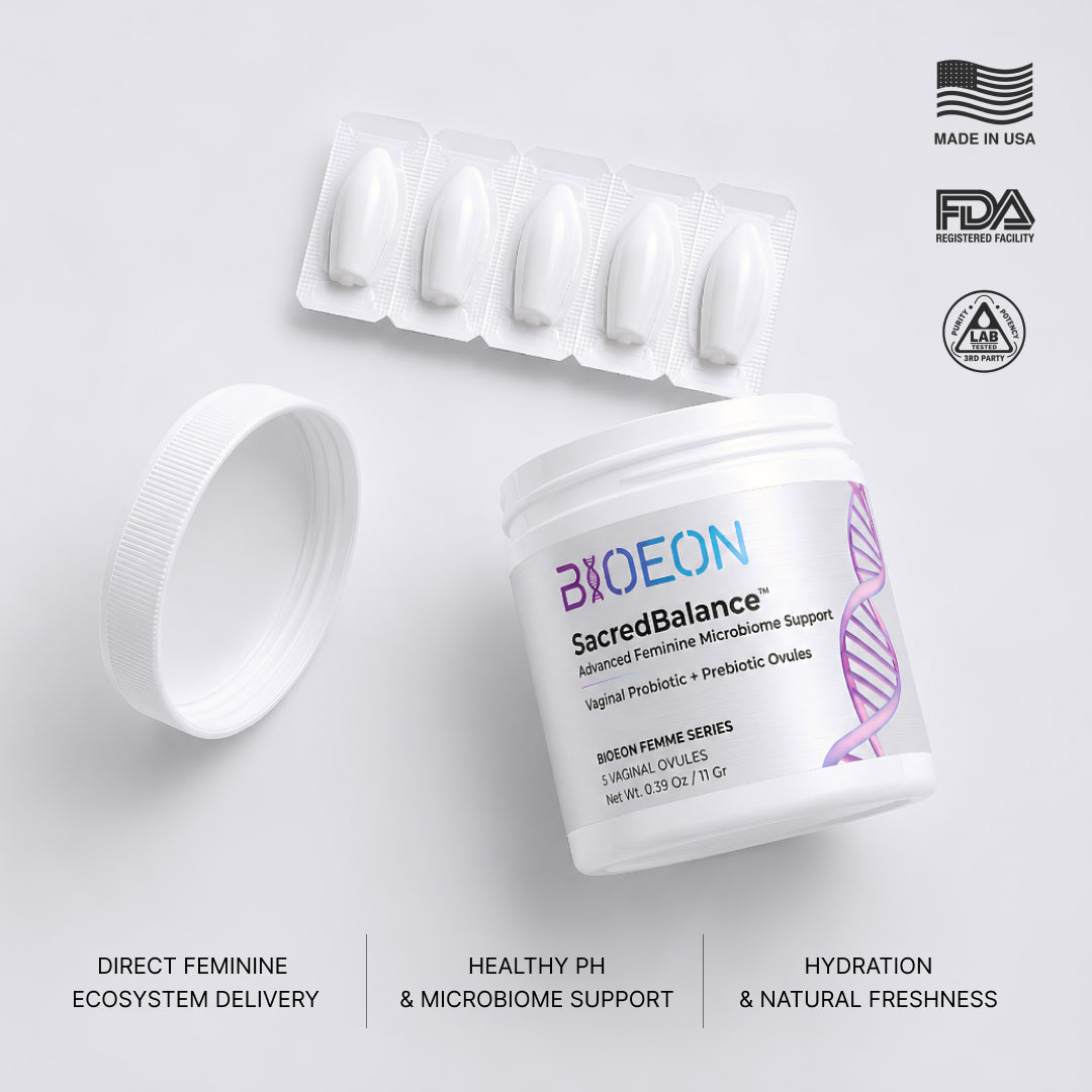 BioEon SacredBalance 5-ovule jar with the lid off, beside a blister strip of five white vaginal ovules. Badges read Made in USA, FDA registered facility, and third-party lab tested.