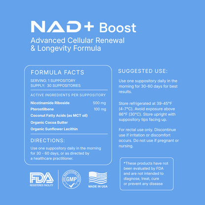 Formula Facts panel: serving one suppository, supply 30 suppositories. Nicotinamide Riboside 500mg, Pterostilbene 100mg, coconut fatty acids as MCT oil, organic cocoa butter, organic sunflower lecithin. Directions, refrigerated storage, rectal use only, and the FDA disclaimer.
