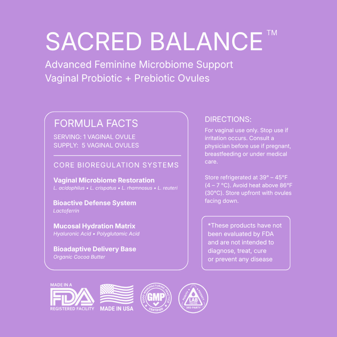 Formula Facts panel: serving one vaginal ovule, supply 5 ovules. Lactobacillus acidophilus, crispatus, rhamnosus and reuteri; lactoferrin; hyaluronic and polyglutamic acid; organic cocoa butter. Directions, refrigerated storage, vaginal use only, and the FDA disclaimer.