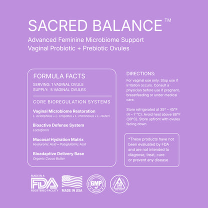 Formula Facts panel: serving one vaginal ovule, supply 5 ovules. Lactobacillus acidophilus, crispatus, rhamnosus and reuteri; lactoferrin; hyaluronic and polyglutamic acid; organic cocoa butter. Directions, refrigerated storage, vaginal use only, and the FDA disclaimer.