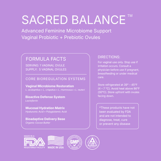 Formula Facts panel: serving one vaginal ovule, supply 5 ovules. Lactobacillus acidophilus, crispatus, rhamnosus and reuteri; lactoferrin; hyaluronic and polyglutamic acid; organic cocoa butter. Directions, refrigerated storage, vaginal use only, and the FDA disclaimer.
