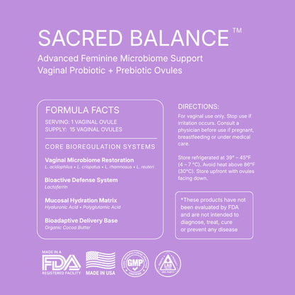 Formula Facts panel: serving one vaginal ovule, supply 15 ovules. Lactobacillus acidophilus, crispatus, rhamnosus and reuteri; lactoferrin; hyaluronic and polyglutamic acid; organic cocoa butter. Directions, refrigerated storage, vaginal use only, and the FDA disclaimer.
