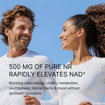 A smiling man and woman in white athletic tops against a blue sky, captioned 500mg of pure NR rapidly elevates NAD+.