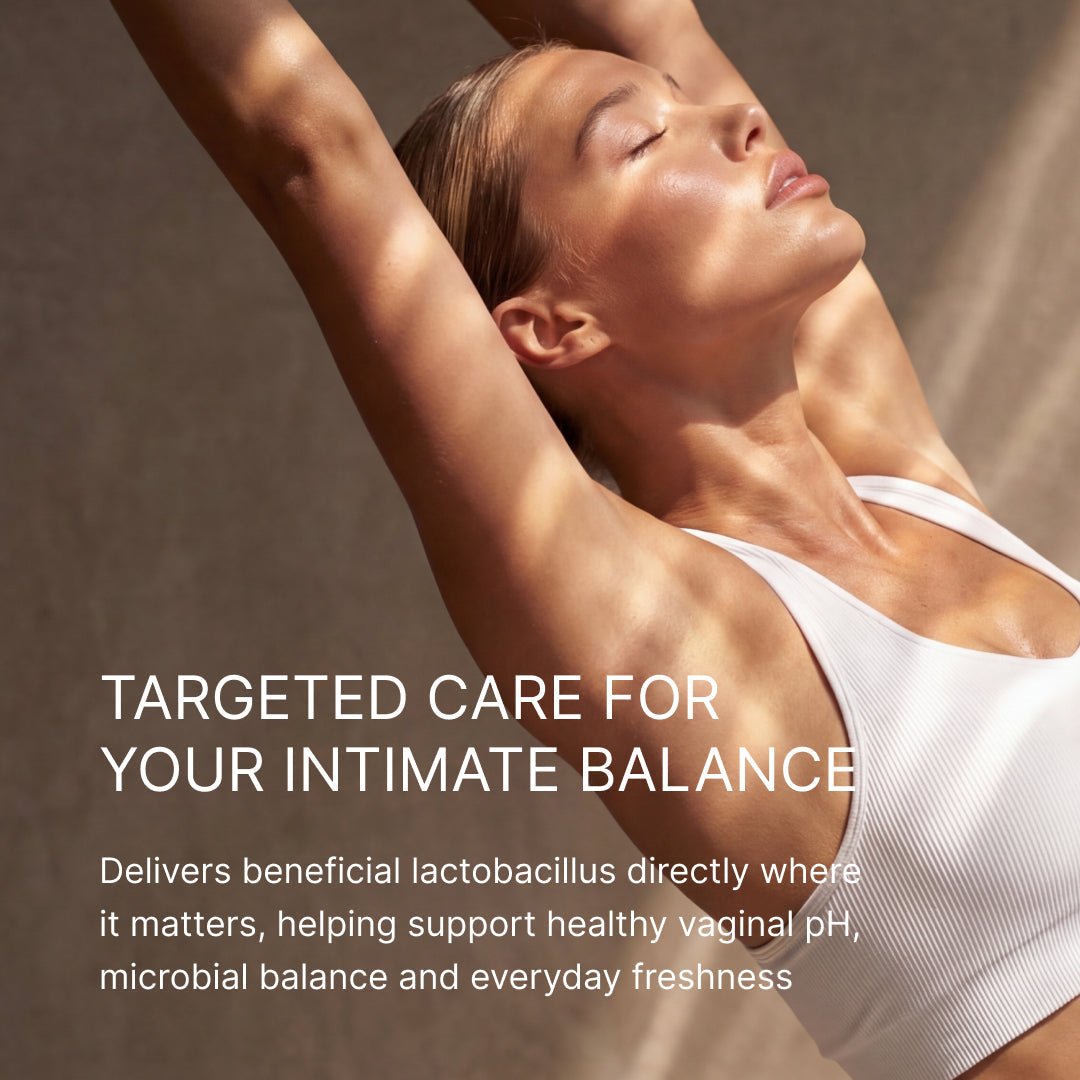 A woman stretching in a white top in warm light, captioned targeted care for your intimate balance.