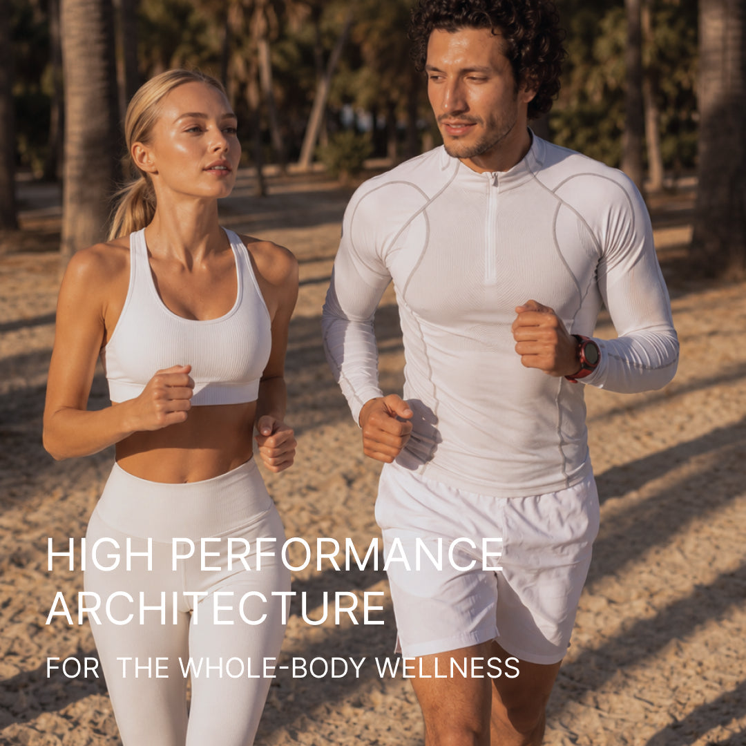 A woman and man running outdoors in white sportswear, captioned high performance architecture for the whole-body wellness.