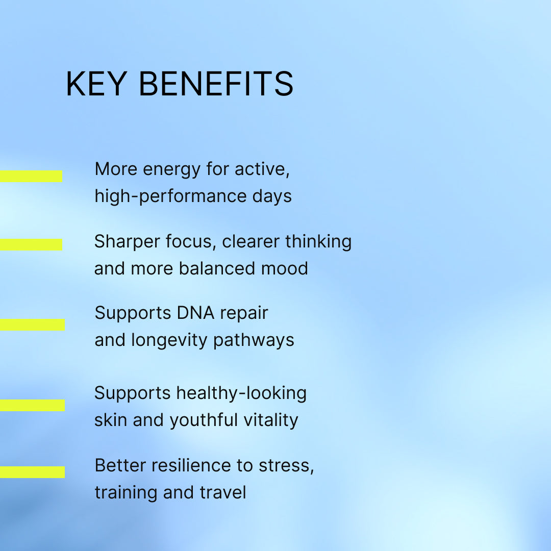 Key benefits list: more energy for active days, sharper focus and balanced mood, support for DNA repair and longevity pathways, healthy-looking skin, and better resilience to stress, training and travel.