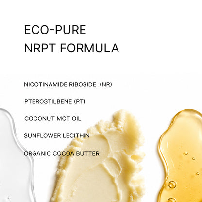 Eco-Pure NRPT formula: Nicotinamide Riboside, Pterostilbene, coconut MCT oil, sunflower lecithin and organic cocoa butter, shown as three ingredient swatches.