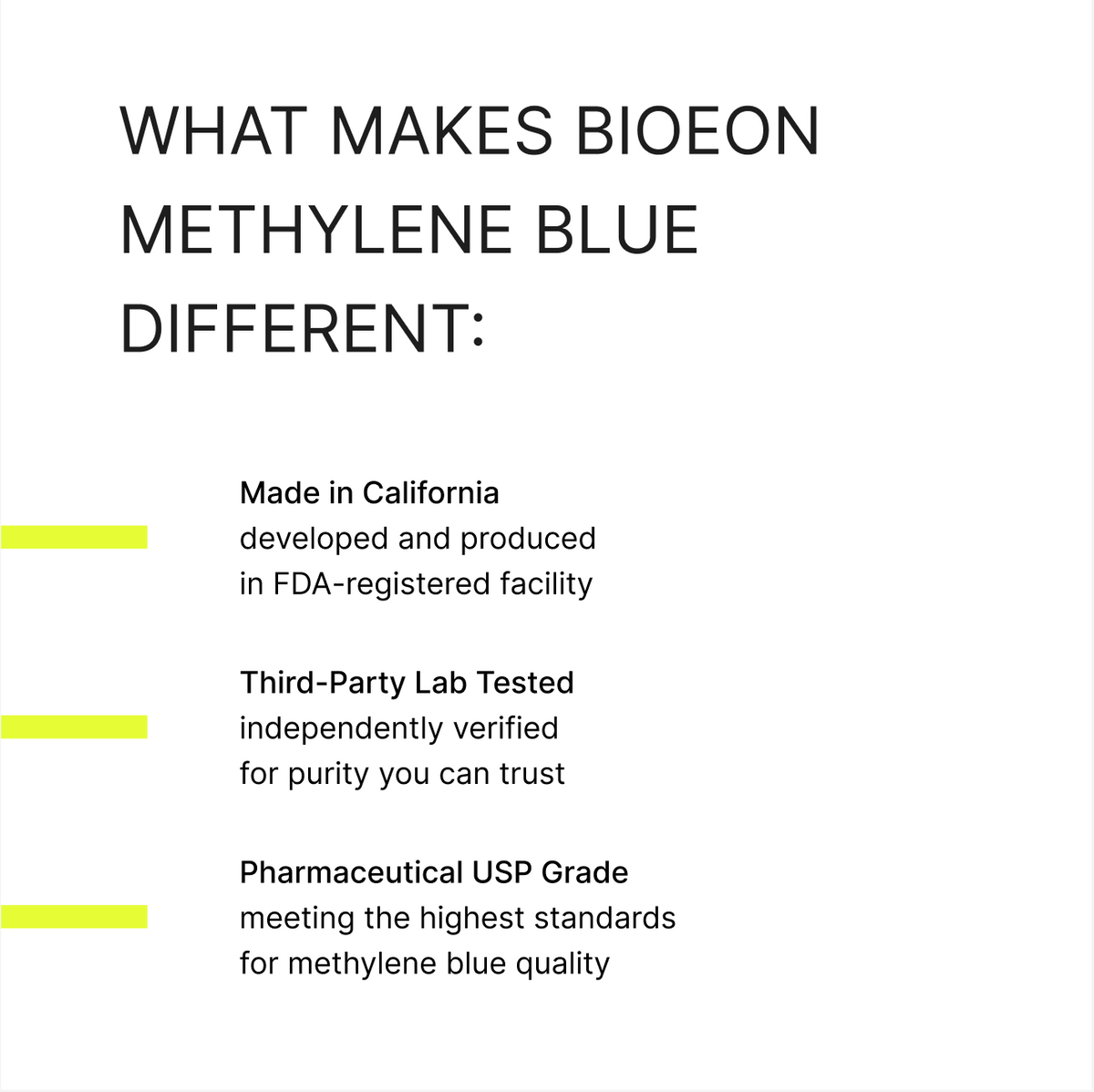 What makes BioEon methylene blue different: made in California in an FDA-registered facility, third-party lab tested, and pharmaceutical USP grade.