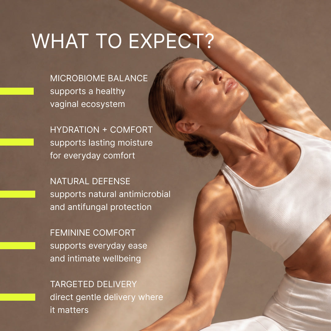 What to expect: microbiome balance, hydration and comfort, natural defense, feminine comfort, and targeted delivery.