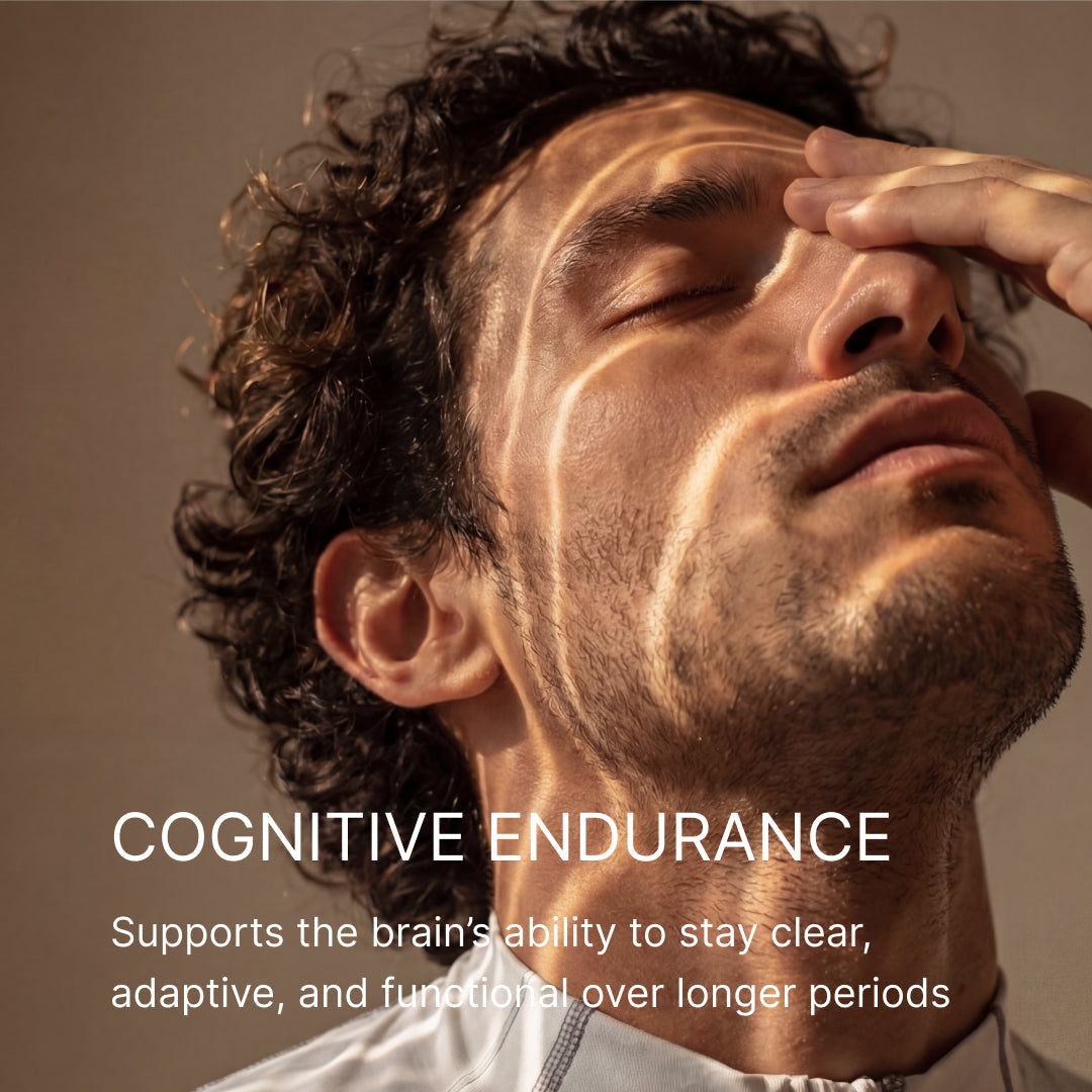 A man in warm light with his eyes closed, captioned cognitive endurance, supporting the brain's ability to stay clear, adaptive and functional over longer periods.