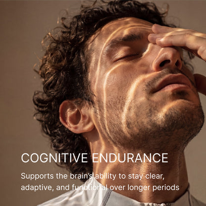 A man in warm light with his eyes closed, captioned cognitive endurance, supporting the brain's ability to stay clear, adaptive and functional over longer periods.