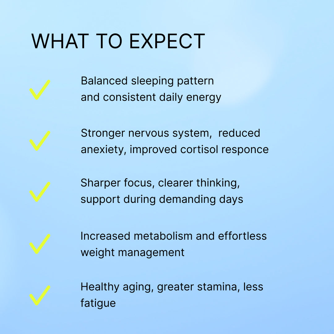 What to expect: balanced sleep and daily energy, stronger nervous system, sharper focus, increased metabolism, and healthy aging.