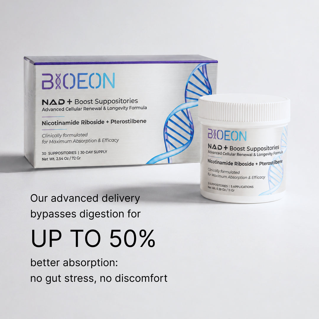 The BioEon 30-count carton standing beside the 5-count jar, both labelled Nicotinamide Riboside plus Pterostilbene.