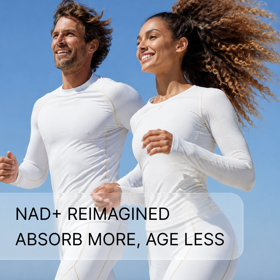A man and woman running in white athletic wear under a blue sky, captioned NAD+ reimagined, absorb more, age less.