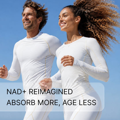 A man and woman running in white athletic wear under a blue sky, captioned NAD+ reimagined, absorb more, age less.