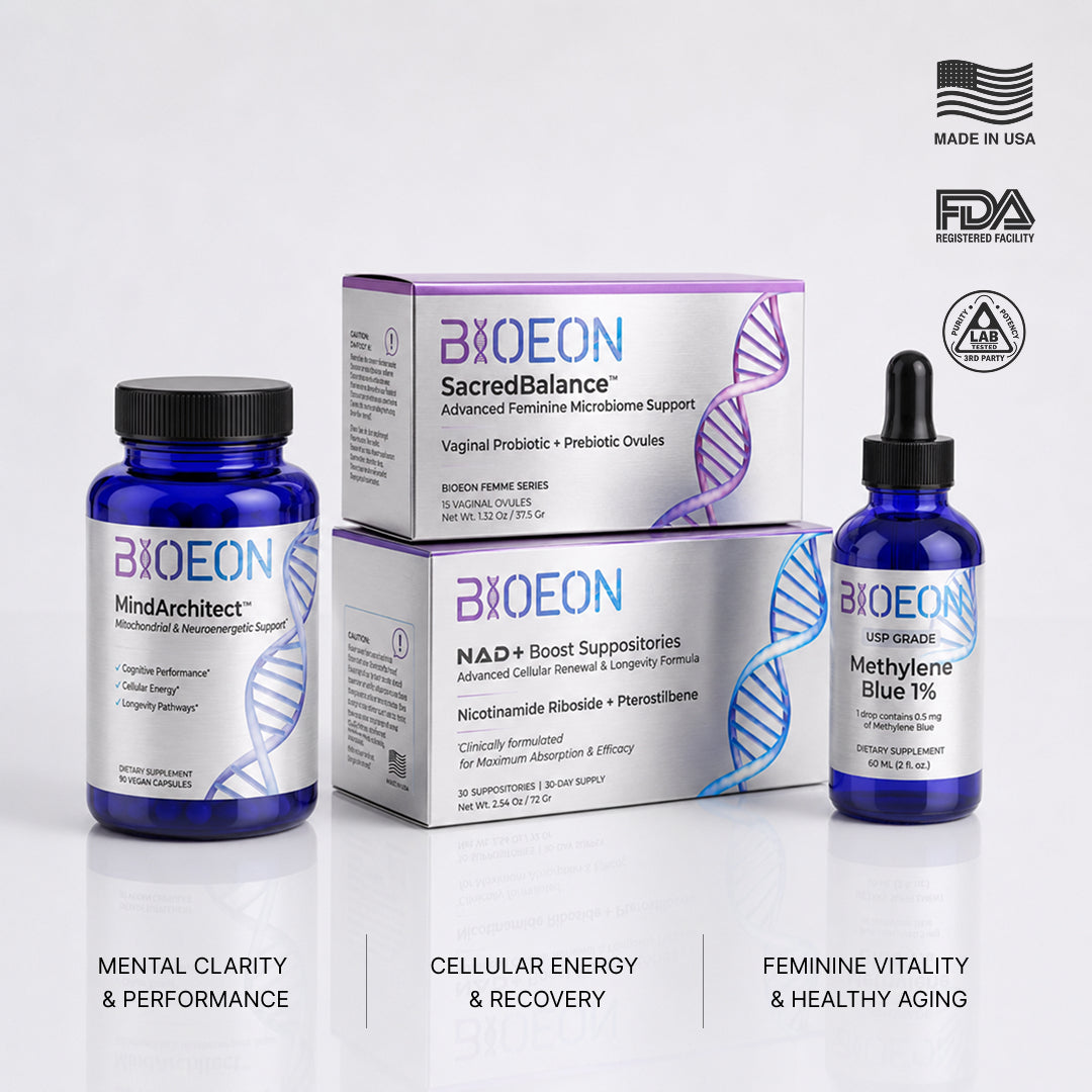 The four Protocol E components together: MindArchitect capsules, SacredBalance 15 carton, NAD+ Boost Suppositories 30 carton, and Methylene Blue 1% dropper bottle.
