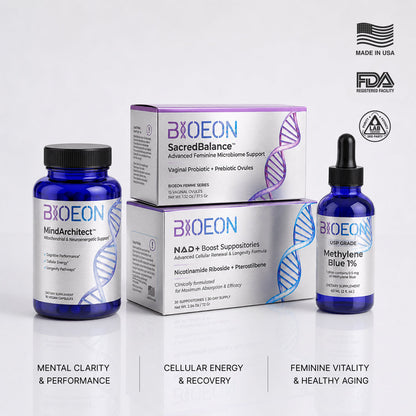 The four Protocol E components together: MindArchitect capsules, SacredBalance 15 carton, NAD+ Boost Suppositories 30 carton, and Methylene Blue 1% dropper bottle.