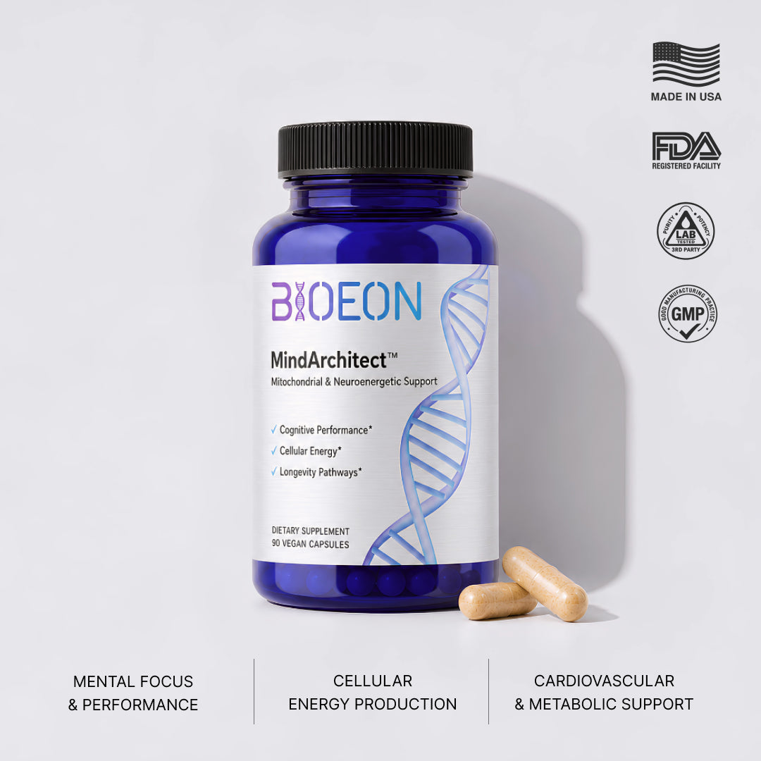 BioEon MindArchitect in a blue bottle, 90 vegan capsules, beside two capsules. Badges read Made in USA, FDA registered facility, third-party lab tested and GMP.