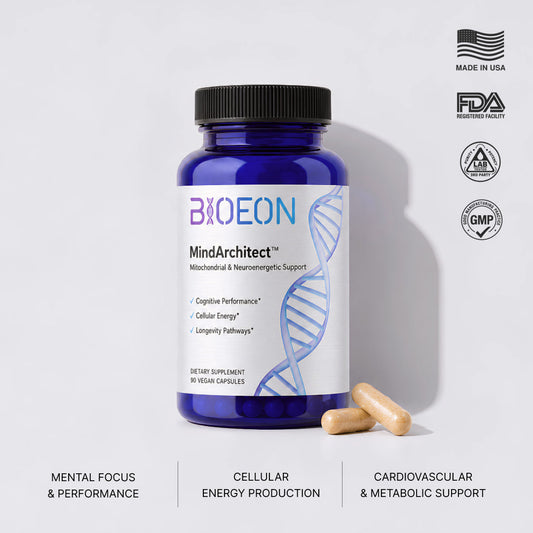 BioEon MindArchitect in a blue bottle, 90 vegan capsules, beside two capsules. Badges read Made in USA, FDA registered facility, third-party lab tested and GMP.