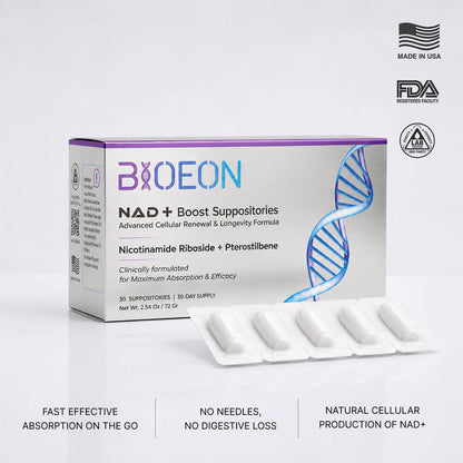 BioEon NAD+ Boost Suppositories 30-count carton beside a blister strip of five white suppositories. Badges read Made in USA, FDA registered facility, and third-party lab tested.