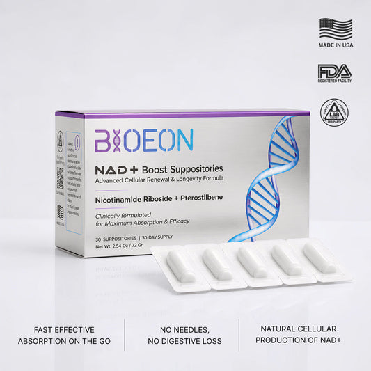 BioEon NAD+ Boost Suppositories 30-count carton beside a blister strip of five white suppositories. Badges read Made in USA, FDA registered facility, and third-party lab tested.